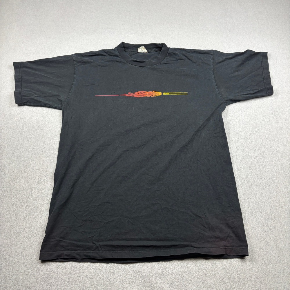 Vintage Manchester United Centenary T-Shirt Black Soccer Fan Tee Mens Retro